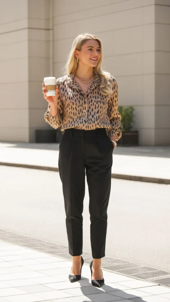 Animal Print Blouse + Black High-Waisted Trousers + Mules + Gold Chain Necklace