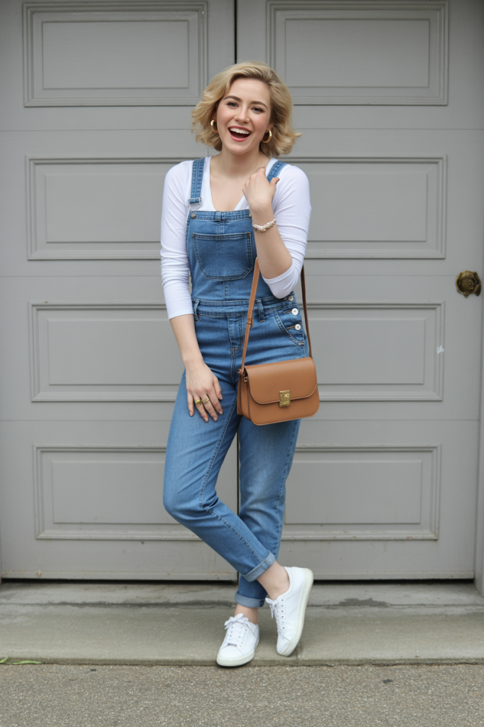 Denim-Jumpsuit-White-Long-Sleeve-Top-underneath-Sneakers-Crossbody-Bag Denim Jumpsuit + White Long-Sleeve Top (underneath) + Sneakers + Crossbody Bag