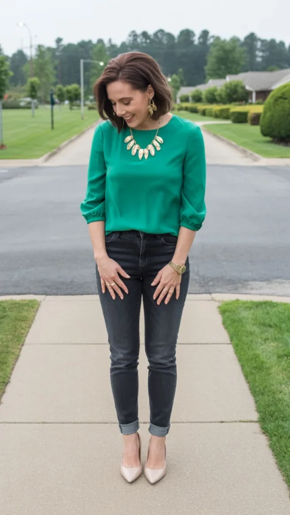 Emerald-Green-Silk-Blouse-Dark-Wash-Skinny-Jeans-Nude-Ballet-Flats-Delicate-Gold-Necklace Emerald Green Silk Blouse + Dark Wash Skinny Jeans + Nude Ballet Flats + Delicate Gold Necklace