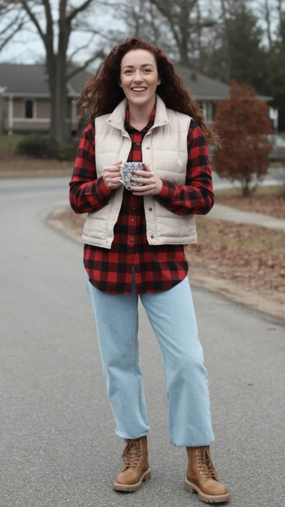 Flannel Shirt + Knit Vest + Straight-Leg Jeans + Work Boots