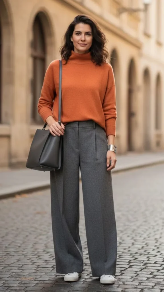 Misted-Orange-Cashmere-Turtleneck-Gray-Wool-Wide-Leg-Trousers-White-Slim-Sneakers-Gray-Structured-Tote-Bag-Silver-Cuff-Bracelet Misted Orange Cashmere Turtleneck + Gray Wool Wide-Leg Trousers + White Slim Sneakers + Gray Structured Tote Bag + Silver Cuff Bracelet