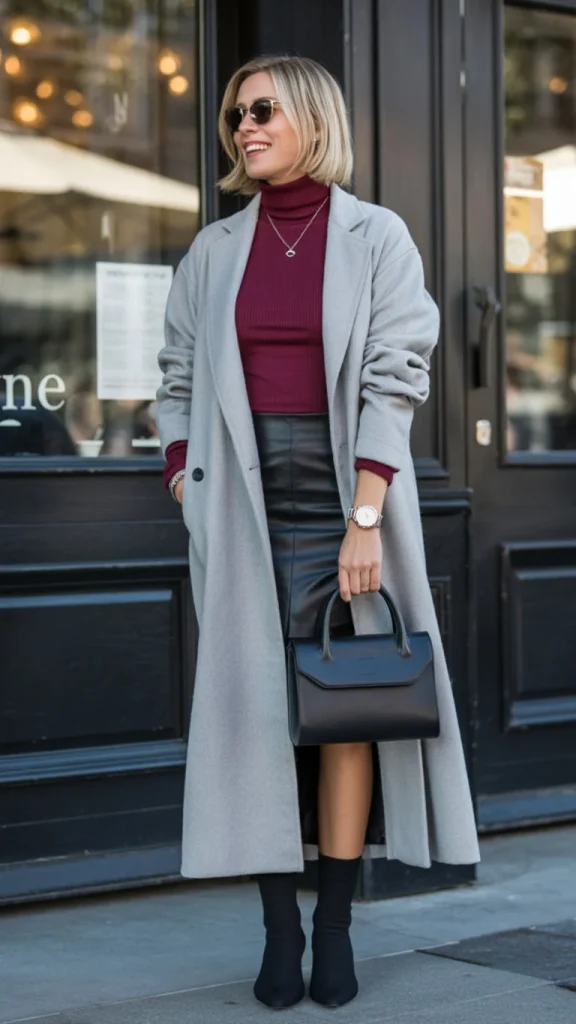 Oversized-Gray-Wool-Coat-Corporate-Burgundy-Turtleneck-Black-Leather-Pencil-Skirt-Black-Sock-Boots-Structured-Black-Top-Handle-Bag Oversized Gray Wool Coat + Corporate Burgundy Turtleneck + Black Leather Pencil Skirt + Black Sock Boots + Structured Black Top-Handle Bag