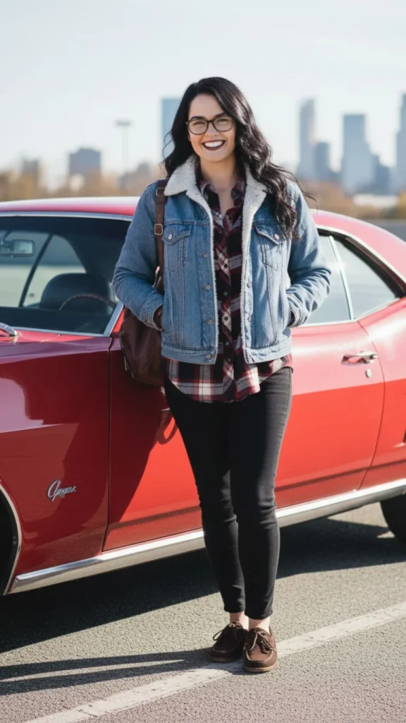 Shearling-Lined-Denim-Jacket-Plaid-Flannel-Shirt-Black-Leggings-Suede-Boat-Shoes-Brown-Leather-Backpack Shearling-Lined Denim Jacket + Plaid Flannel Shirt + Black Leggings + Suede Boat Shoes + Brown Leather Backpack