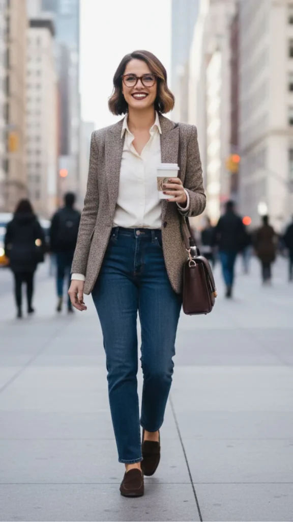 Tweed-Blazer-Crisp-White-Button-Down-Shirt-Straight-Leg-Dark-Denim-Chocolate-Brown-Suede-Loafers-Structured-Chocolate-Brown-Sachet Tweed Blazer + Crisp White Button-Down Shirt + Straight-Leg Dark Denim + Chocolate Brown Suede Loafers + Structured Chocolate Brown Sachet