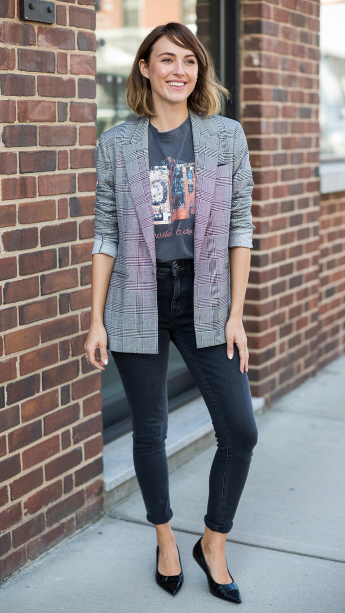 Blazer + Graphic T-Shirt + Cuffed Jeans + Mules