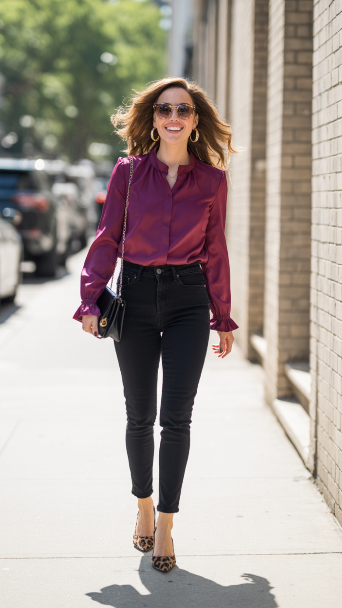 Burgundy Blouse + Black Skinny Jeans + Leopard Print Flats + Black Crossbody Bag