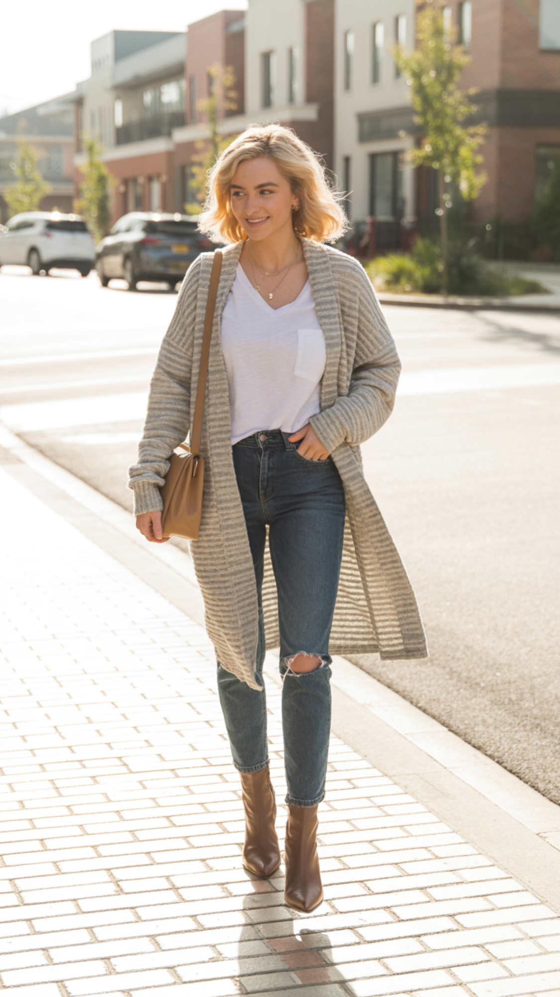 Cardigan as a Top + Straight-Leg Jeans + Ankle Boots