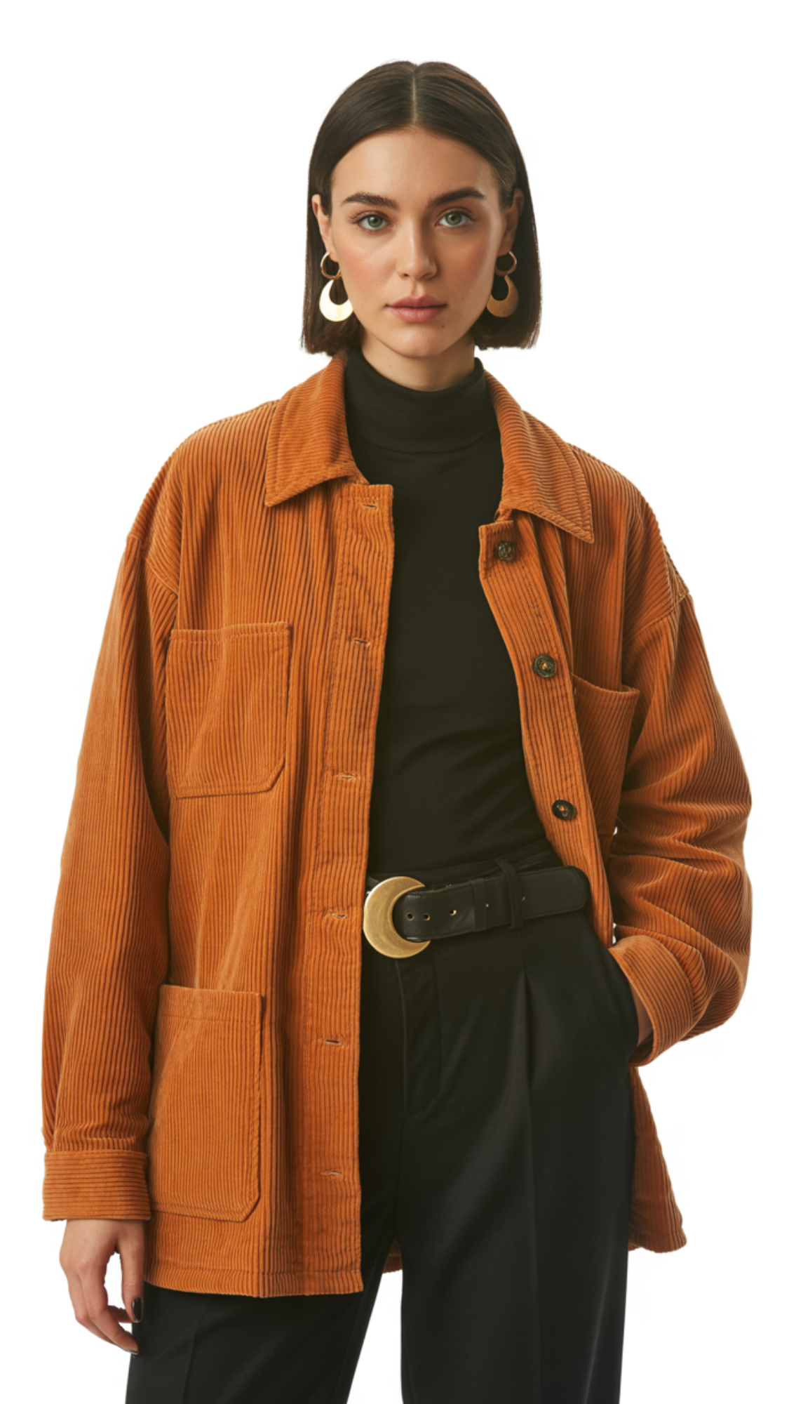 Corduroy Shirt Jacket + Turtleneck + Straight-Leg Pants