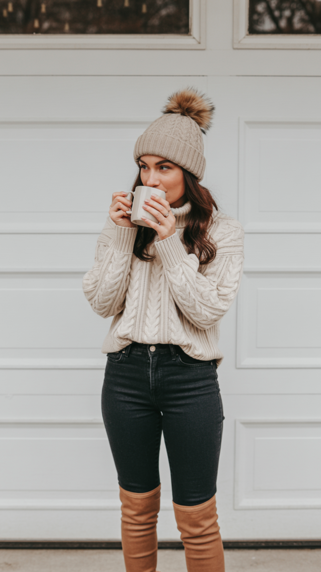 Cozy Knit Sweater + High-Waisted Jeans + Ankle Boots + Beanie