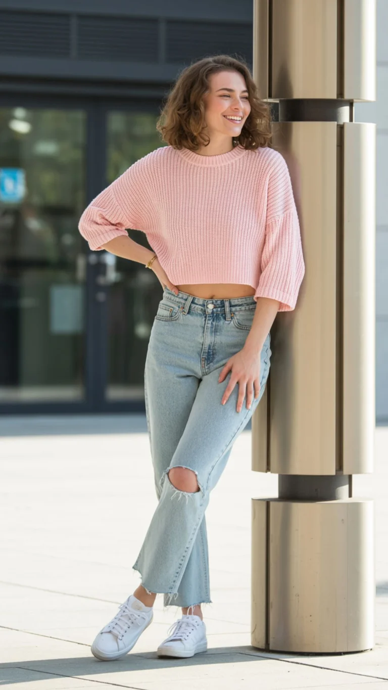 Cropped Sweater + High-Waisted Jeans + Sneakers