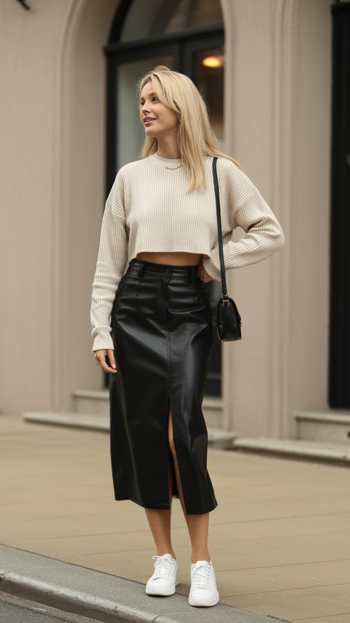 Cropped Sweater + High-Waisted Skirt + Sneakers