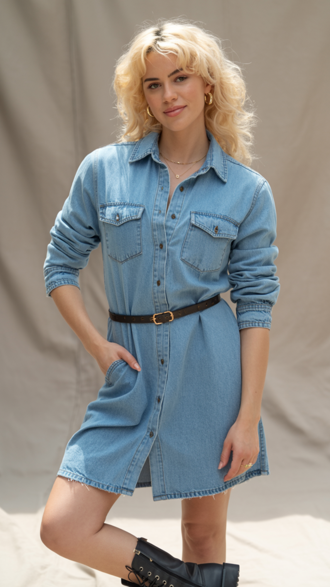 Denim Shirt Dress + Belt + Combat Boots