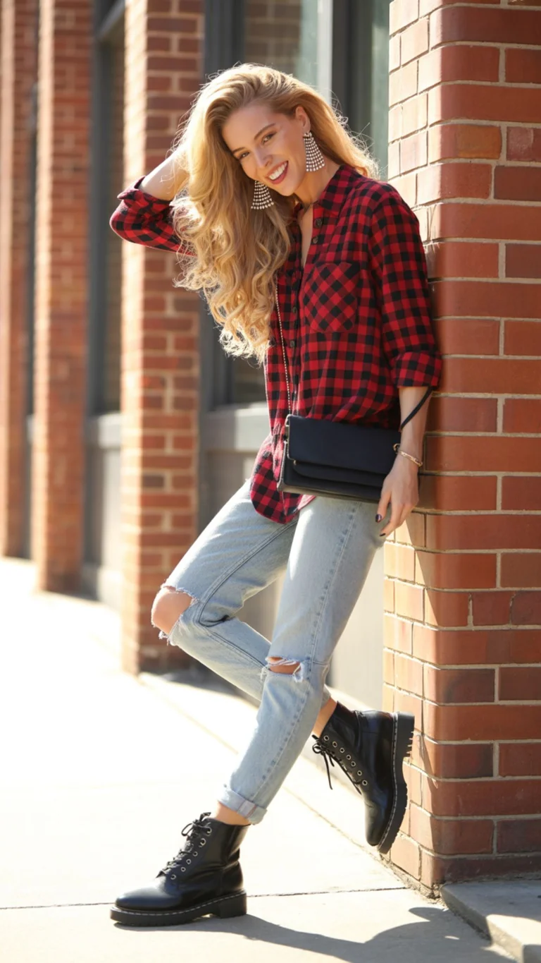 Flannel Shirt + Distressed Jeans + Combat Boots + Crossbody Bag