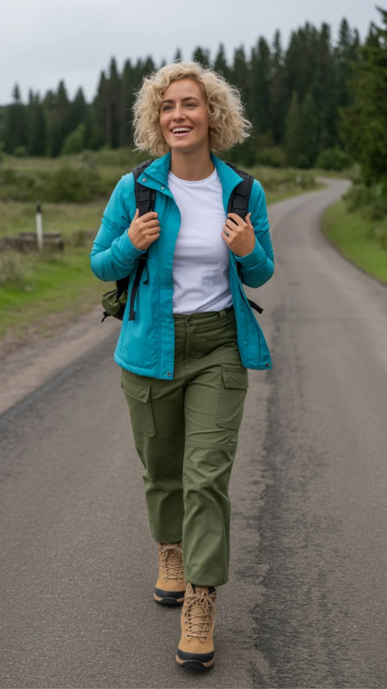 Fleece Jacket + Basic T-Shirt + Cargo Pants + Hiking Boots