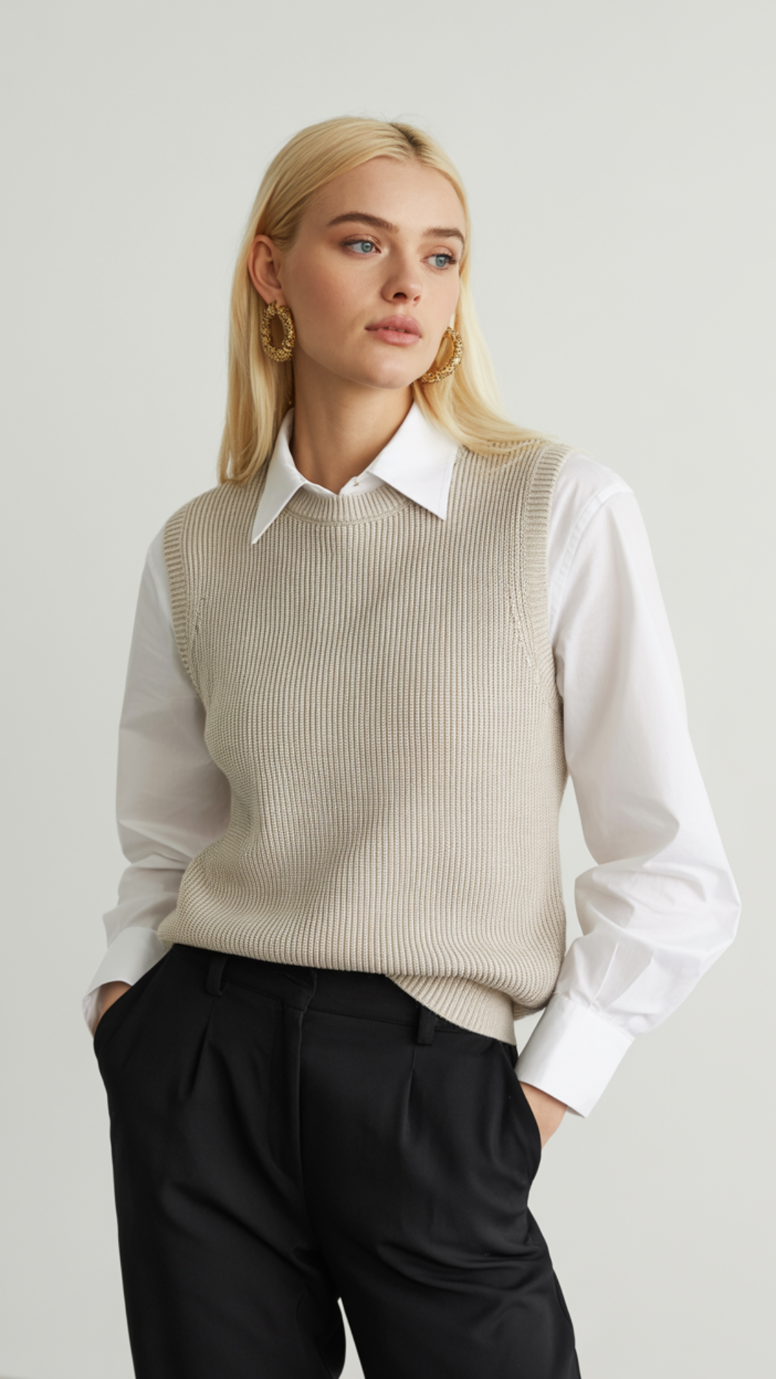 Knitted Vest + White Button-Down Shirt + Tailored Trousers