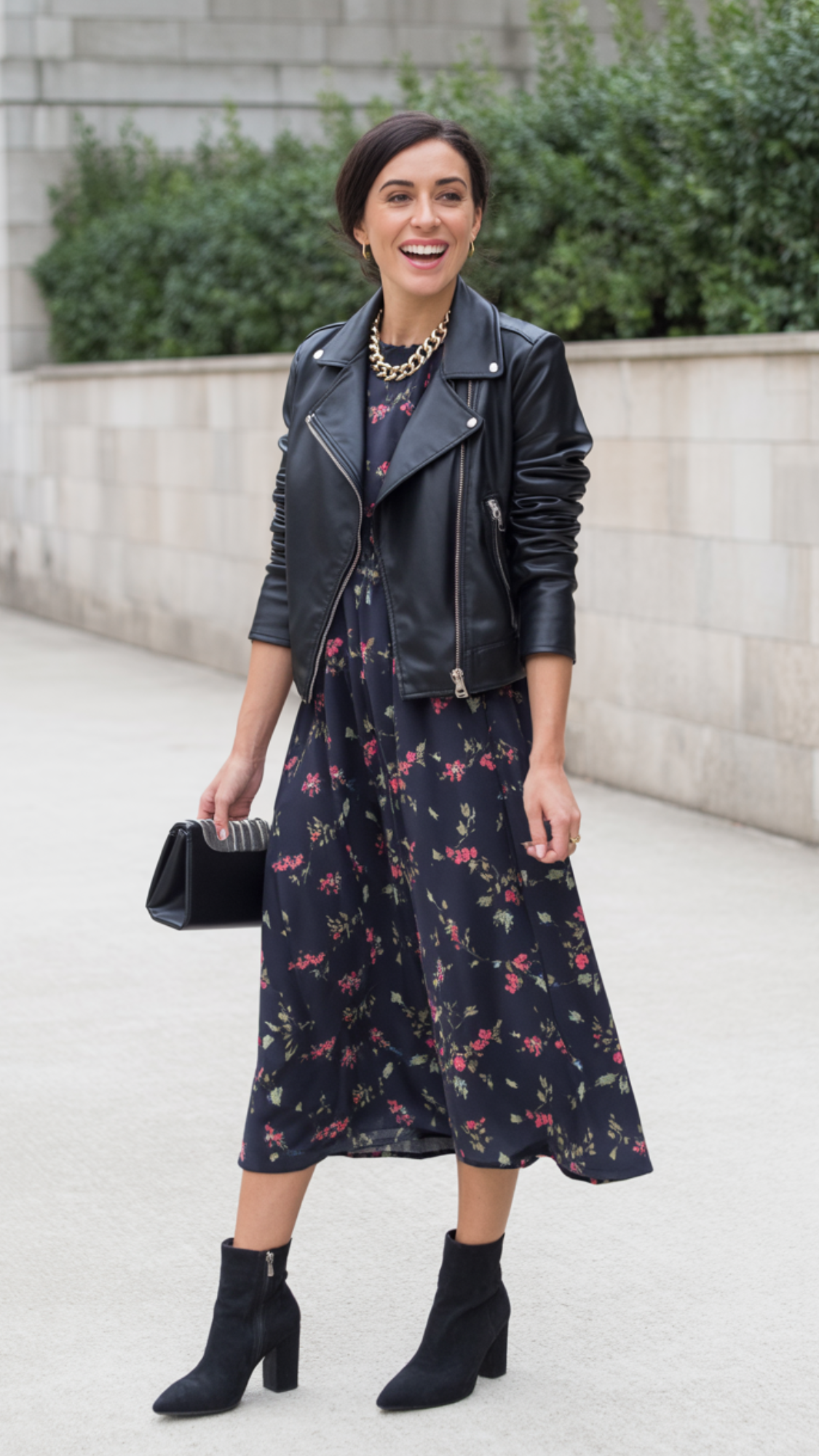 Leather Jacket + Midi Skirt + Ankle Boots
