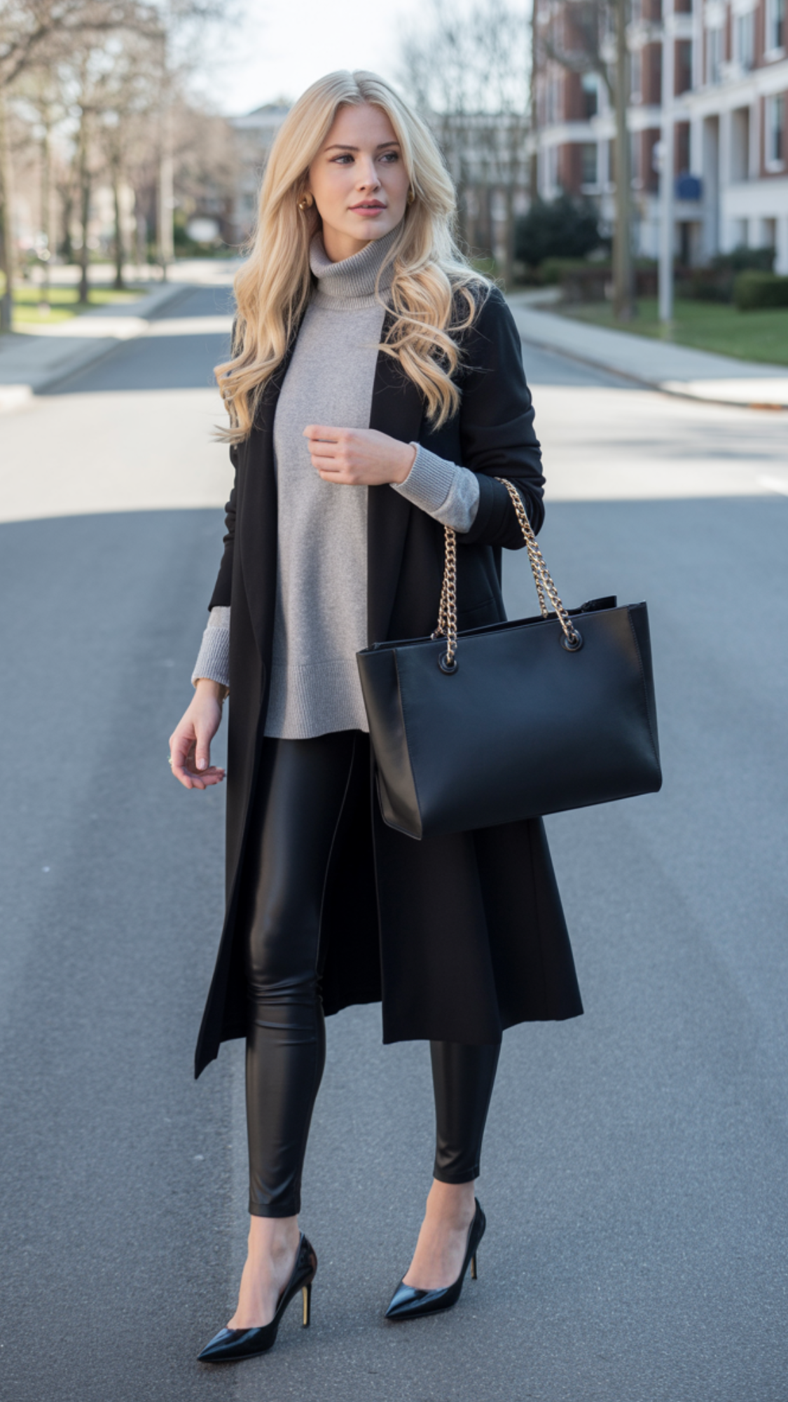 Long Cardigan + Turtleneck + Leggings + Flats