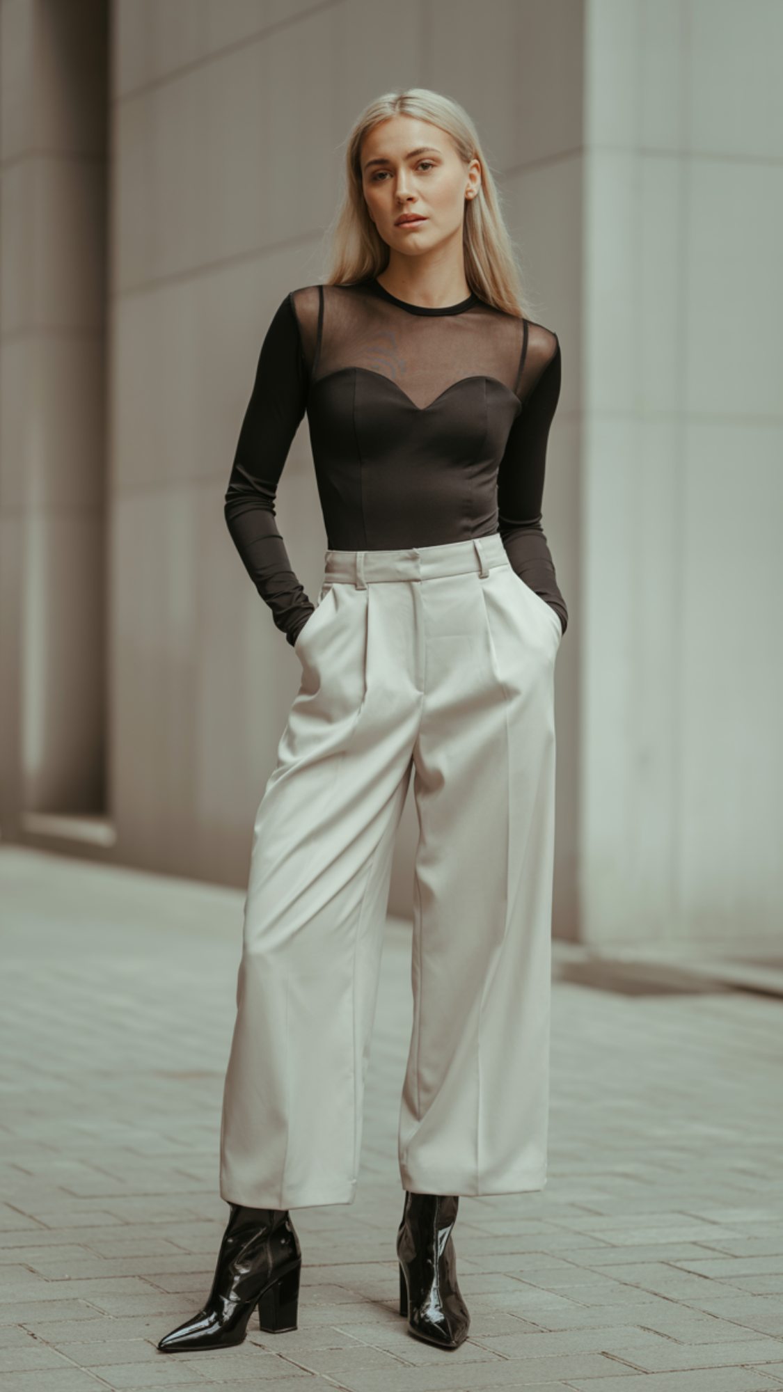 Long-Sleeve Bodysuit + Wide-Leg Trousers + Heeled Boots