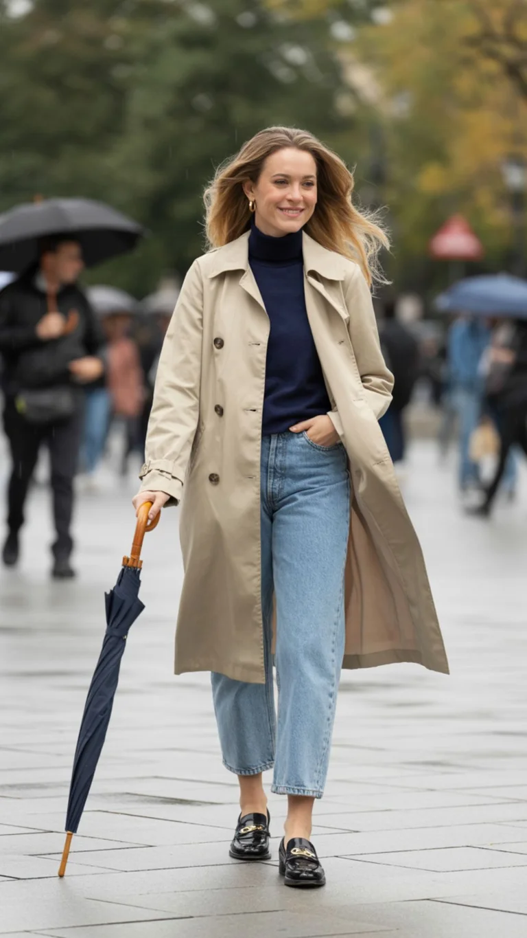 Long Trench Coat + Sweater + Straight-Leg Jeans + Loafers