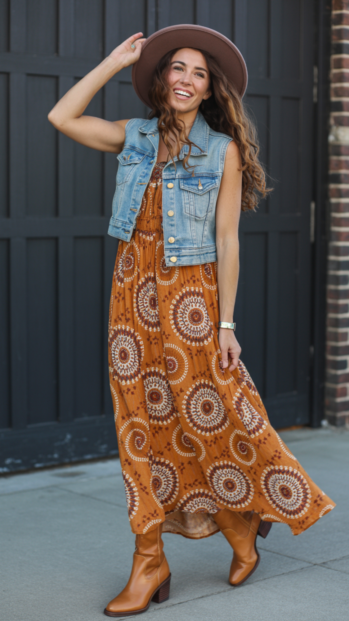Maxi Dress + Denim Vest + Western Boots