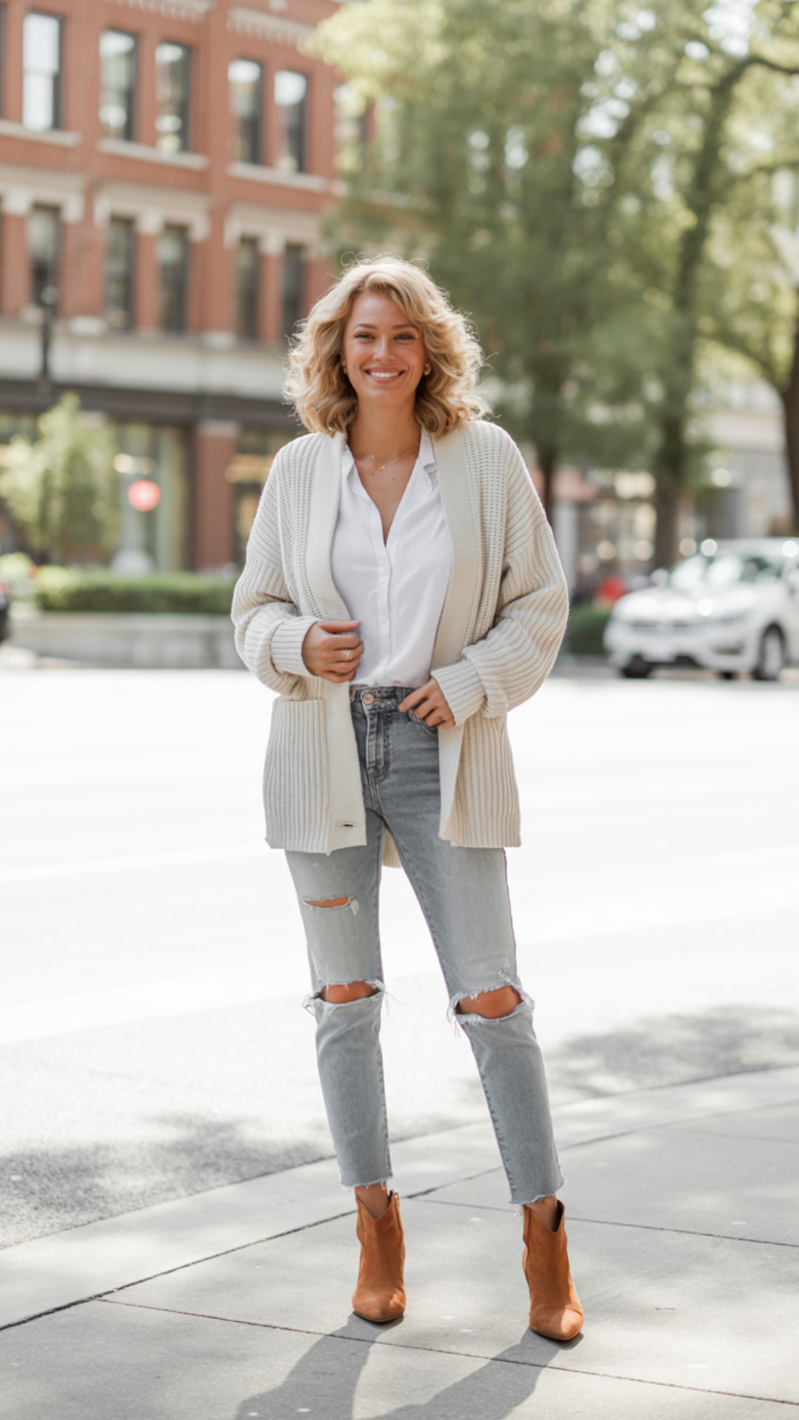 Oatmeal Cardigan + White Blouse + Medium Wash Jeans + Brown Ankle Boots