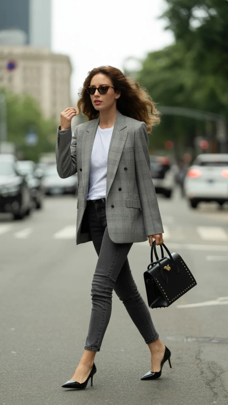 Plaid Blazer + White T-Shirt + Cropped Jeans + Mules