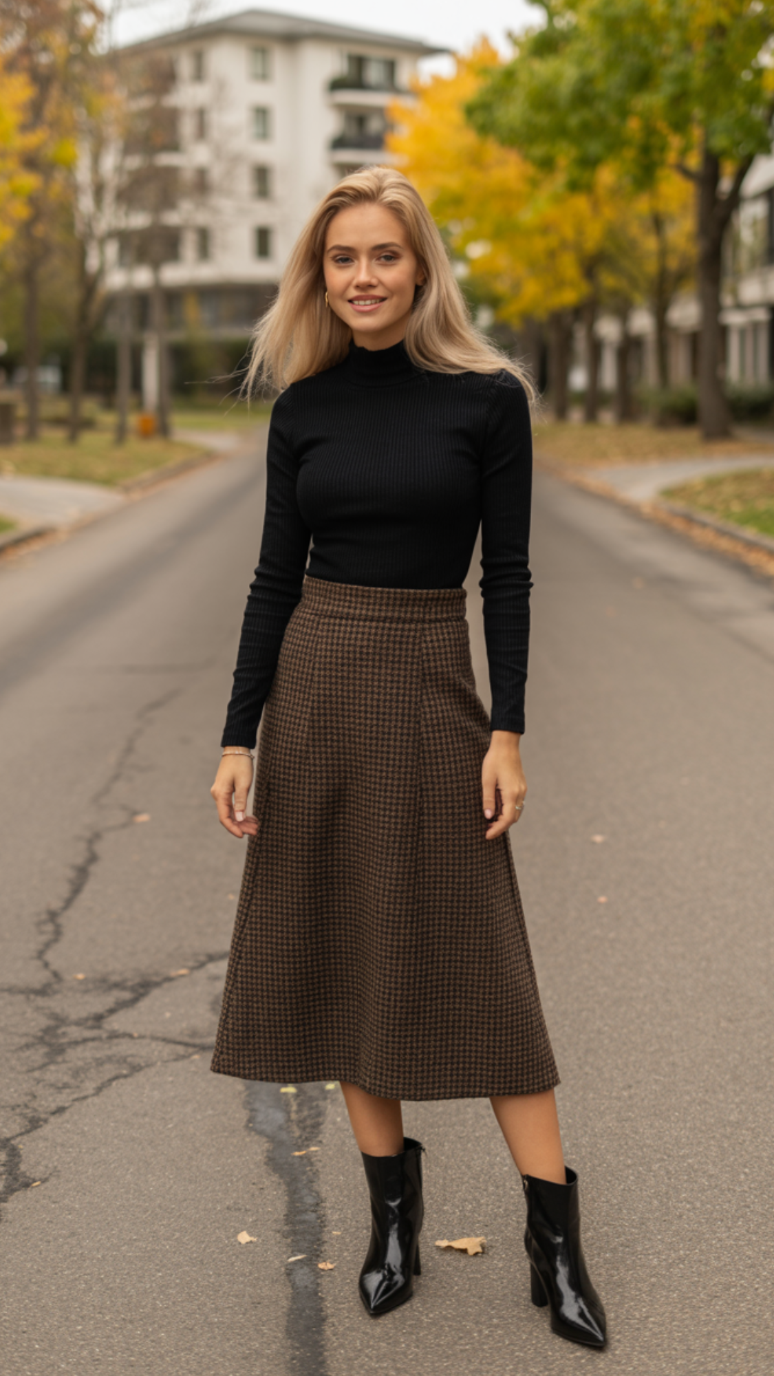 Plaid Midi Skirt + Solid Knit Top + Block Heel Ankle Boots