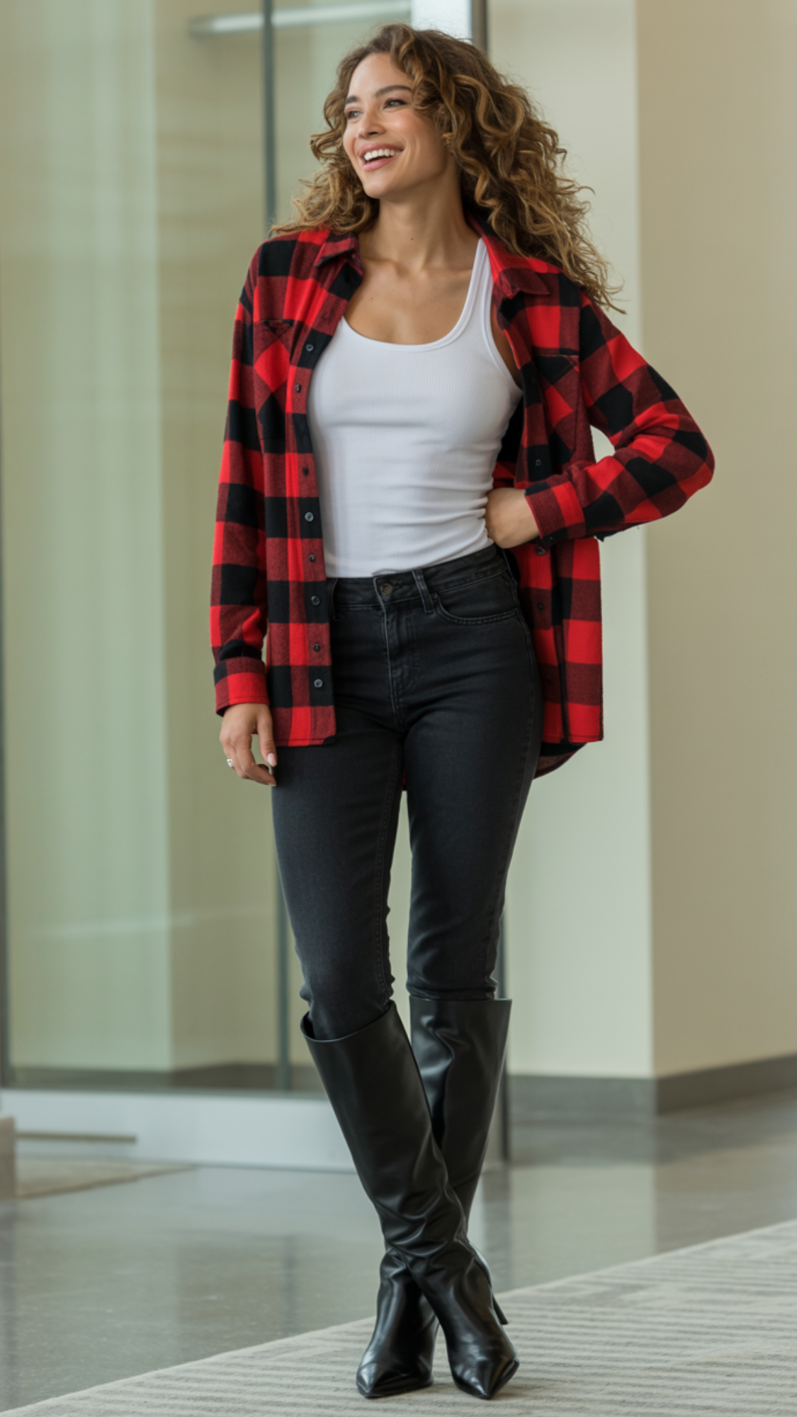 Plaid Shirt + White Tank Top + Leggings + Tall Boots