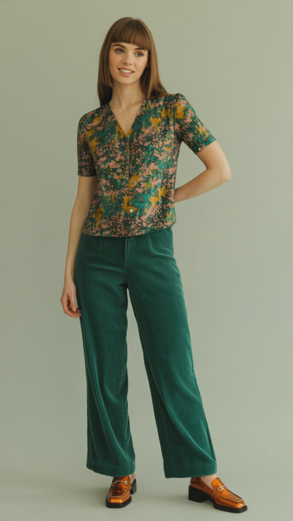 Printed Blouse + Corduroy Pants + Loafers