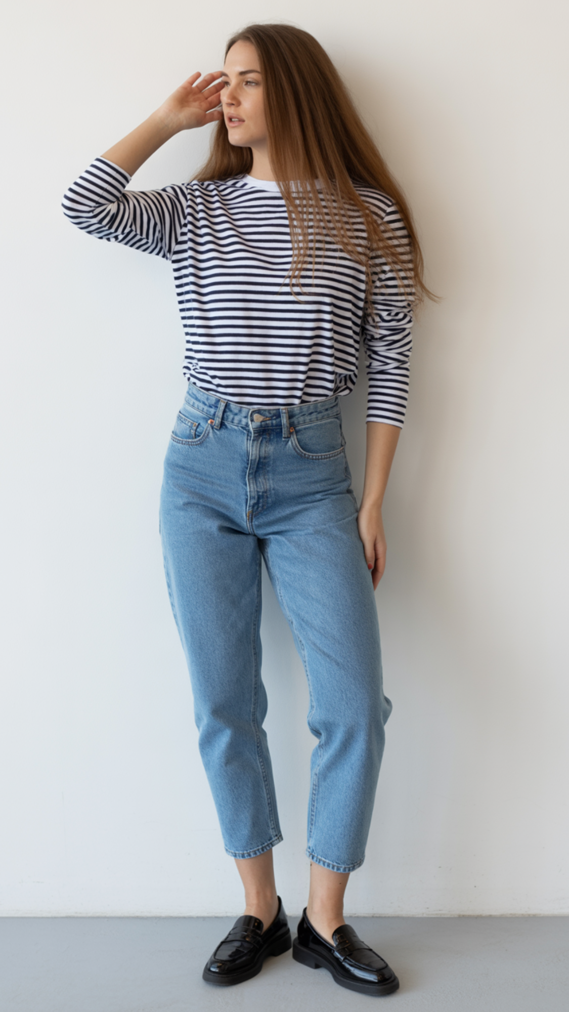 Striped Long-Sleeve T-Shirt + High-Waisted Jeans + Loafers