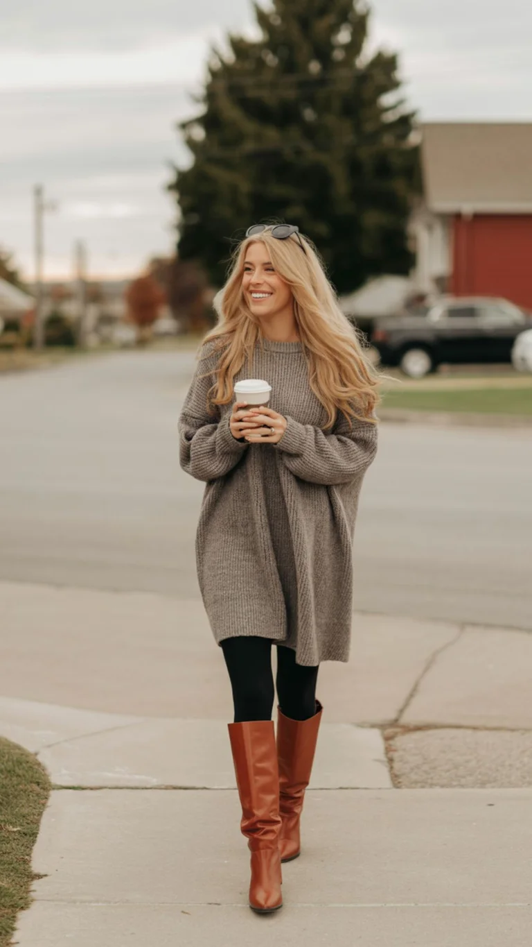 Sweater Dress + Leggings + Tall Boots