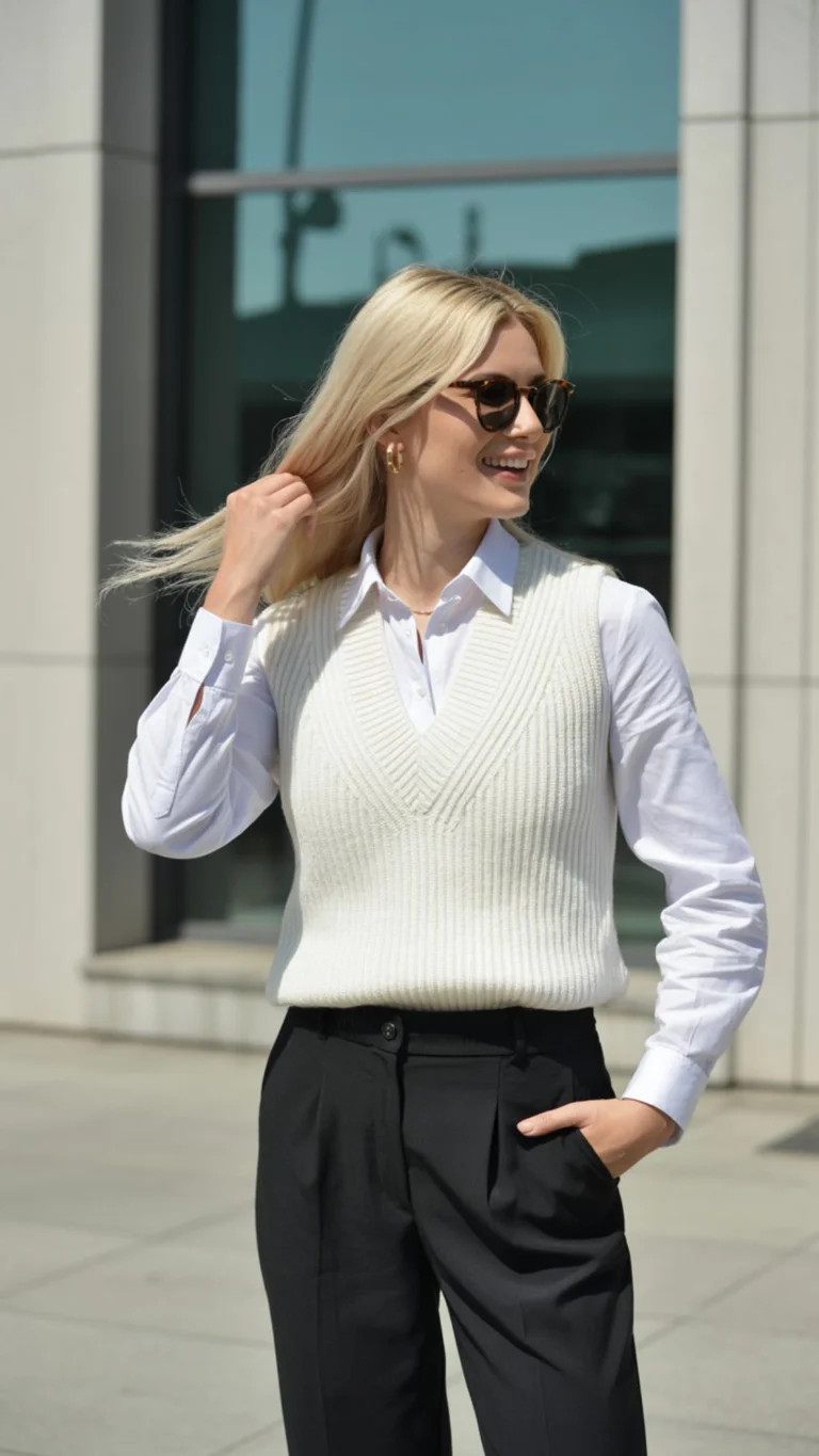 Sweater Vest + Button-Up Shirt + Wide-Leg Trousers + Loafers