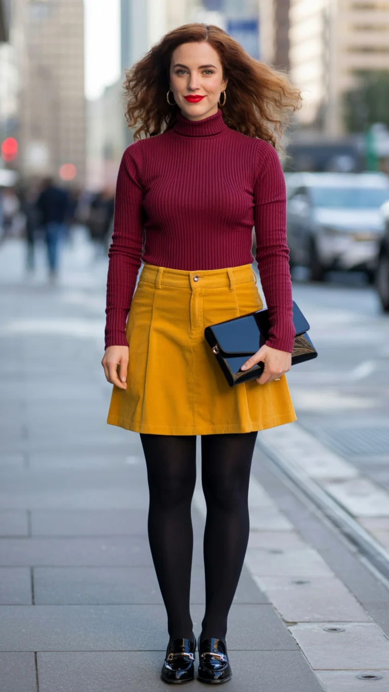 Turtleneck Sweater + Corduroy Skirt + Opaque Tights + Loafers