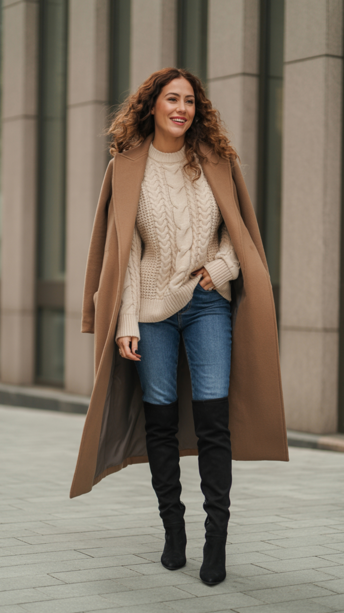 Wrap Coat + Sweater + Skinny Jeans + Over-the-Knee Boots