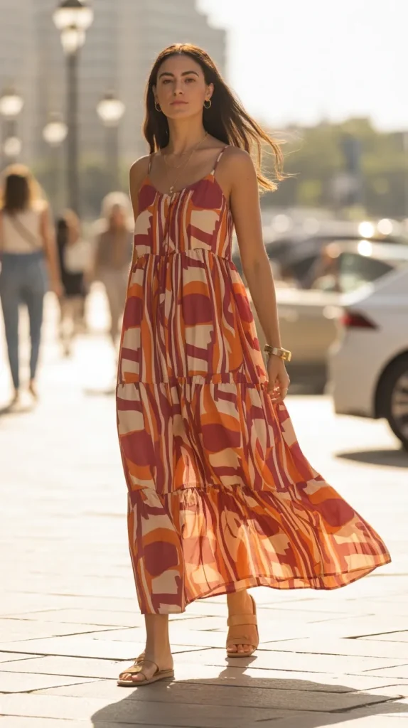 Abstract-Printed-Maxi-Dress-With-Flat-Sandals Abstract Printed Maxi Dress With Flat Sandals