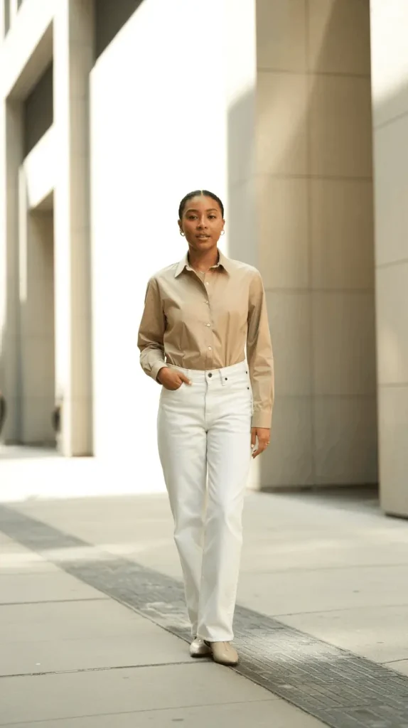 Beige-Button-Down-With-White-Jeans Beige Button Down With White Jeans