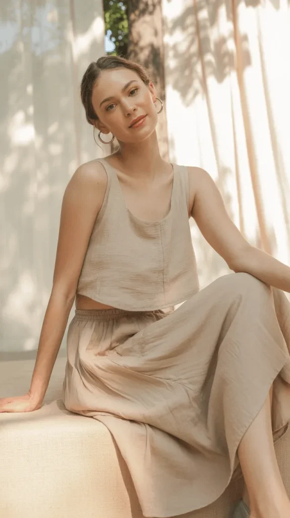 Beige-Crop-Top-With-Linen-Skirt Beige Crop Top With Linen Skirt