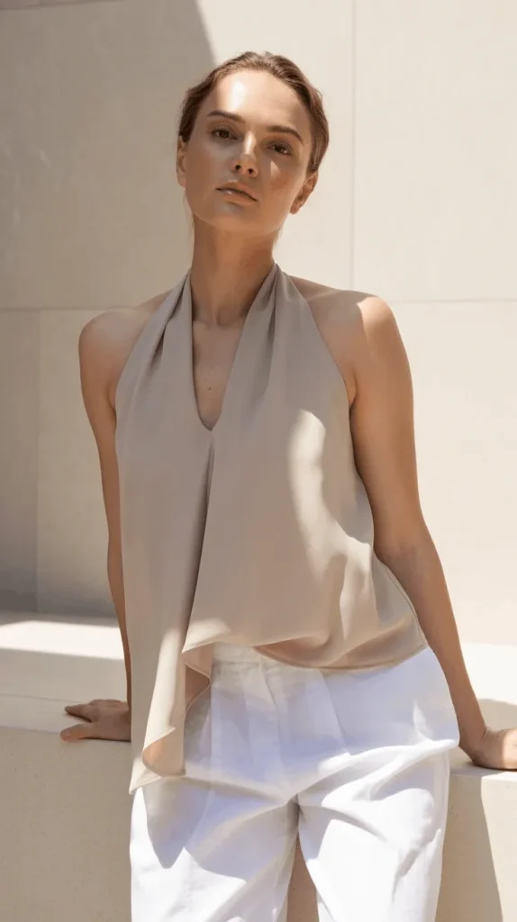 Beige-Halter-Top-With-White-Pants Beige Halter Top With White Pants