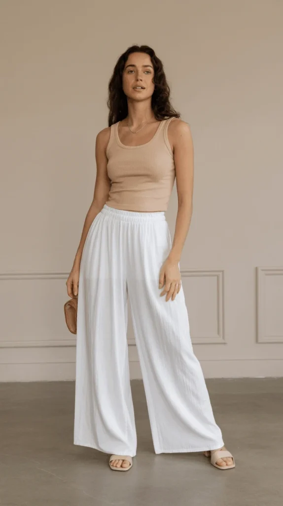 Beige-Tank-Top-With-White-Wide-Pants Beige Tank Top With White Wide Pants
