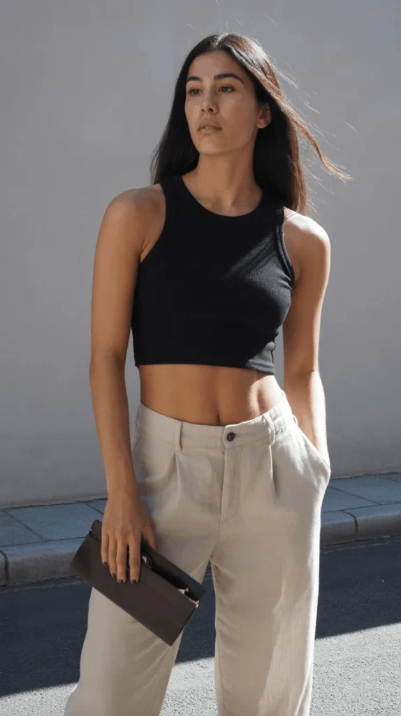 Black-Crop-Top-With-Linen-Trousers Black Crop Top With Linen Trousers