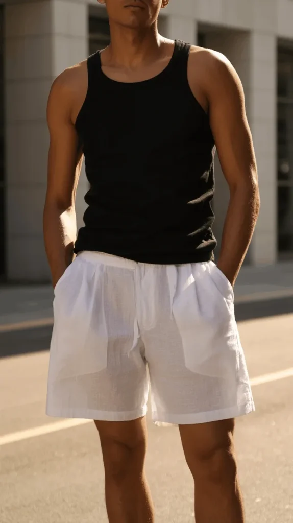 Black-Tank-With-White-Linen-Shorts Black Tank With White Linen Shorts