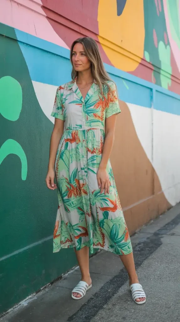 Breezy-Button-Down-Dress-in-a-Tropical-Bold-Print Breezy Button-Down Dress in a Tropical Bold Print