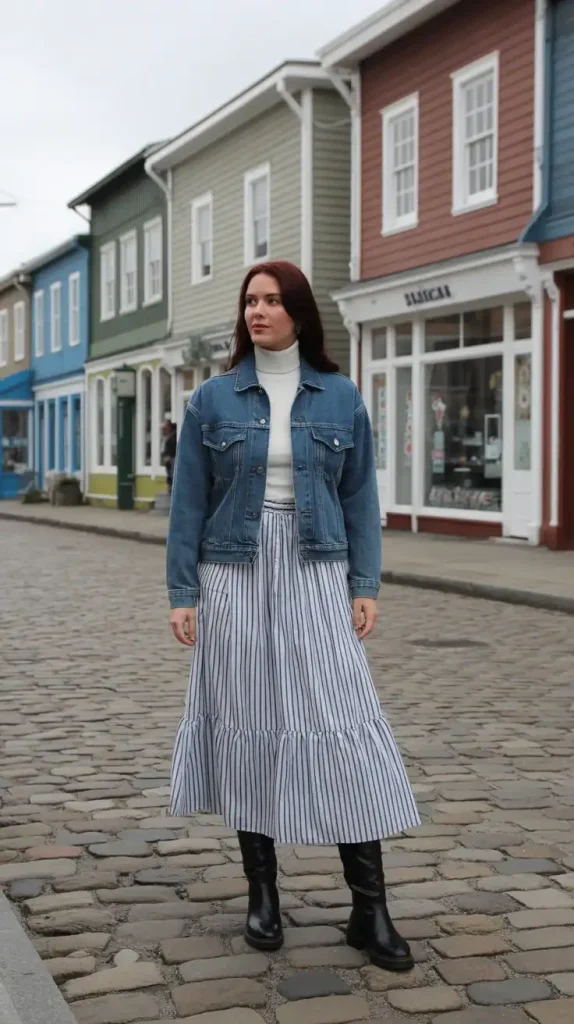 Denim-Jacket-Layered-Over-a-Striped-Midi-Skirt-and-Boots Denim Jacket Layered Over a Striped Midi Skirt and Boots