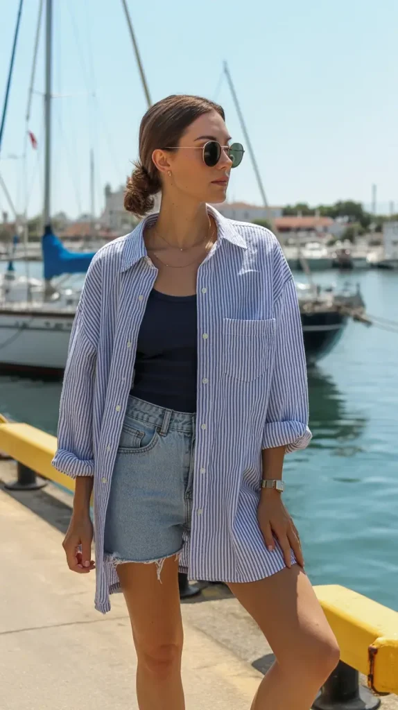 Denim-Shorts-and-a-Striped-Linen-Shirt Denim Shorts and a Striped Linen Shirt
