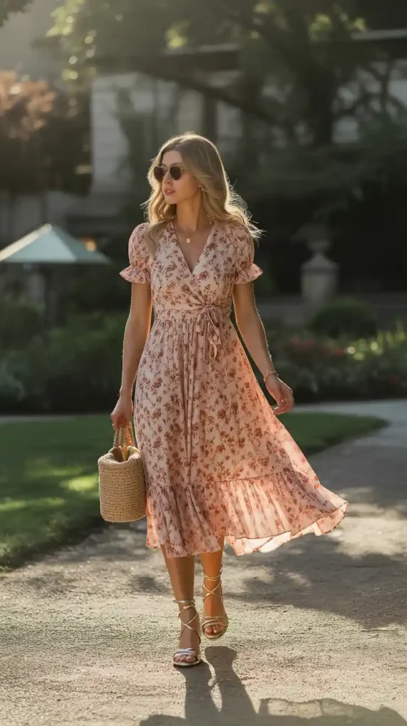 Floral-Midi-Dress-With-Strappy-Sandals-in-June Floral Midi Dress With Strappy Sandals in June