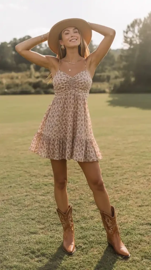 Floral-Mini-Sun-Dress-With-Cowboy-Boots Floral Mini Sun Dress With Cowboy Boots