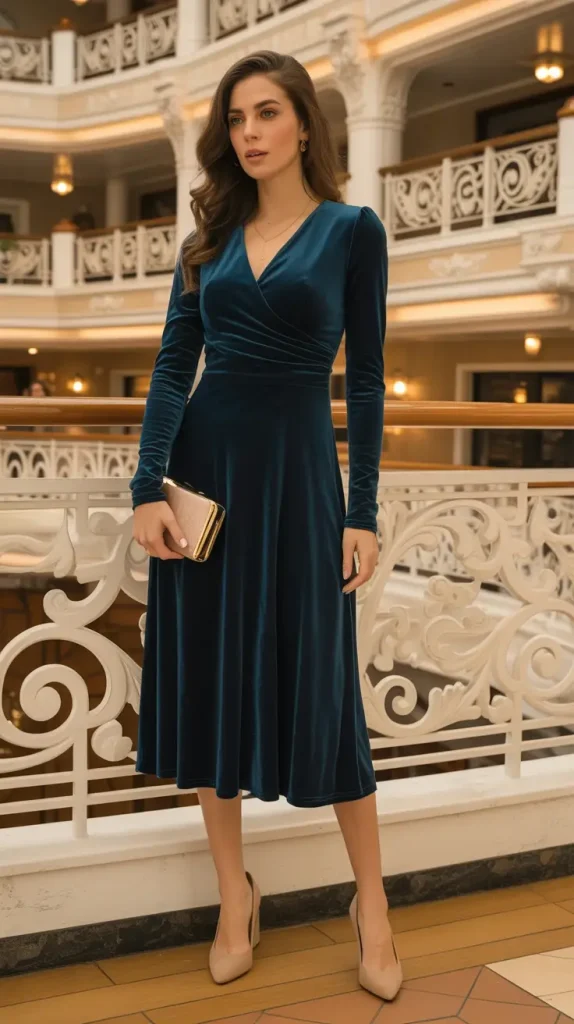 Formal-Night-Look-Velvet-Midi-Dress-with-Block-Heels Formal Night Look Velvet Midi Dress with Block Heels