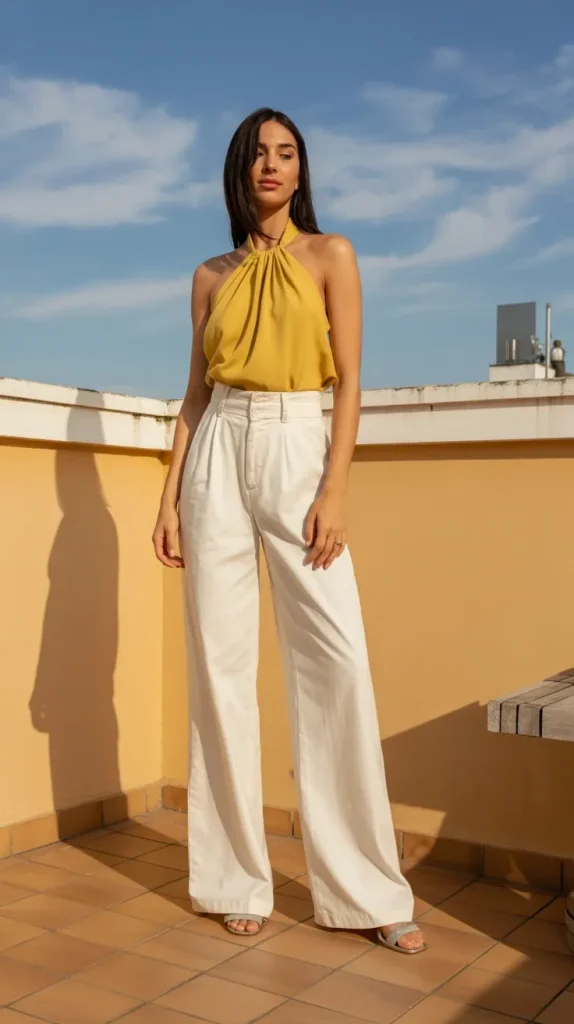 High-Waisted-White-Wide-Leg-Trousers-With-a-Mustard-Halter-Top High-Waisted White Wide-Leg Trousers With a Mustard Halter Top