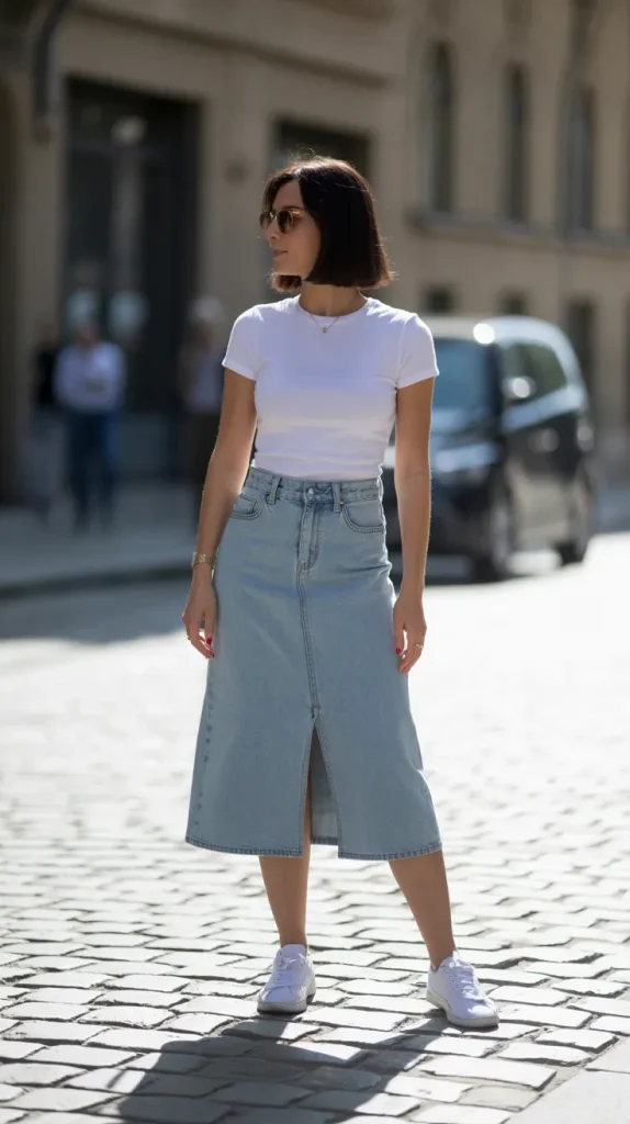 Light-Wash-Denim-Midi-Skirt-With-a-White-Tee Light Wash Denim Midi Skirt With a White Tee