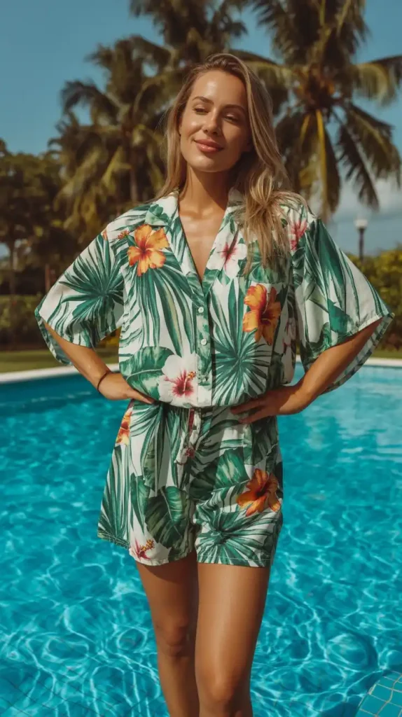 Loose-Fitting-Romper-in-a-Tropical-Print. Loose Fitting Romper in a Tropical Print